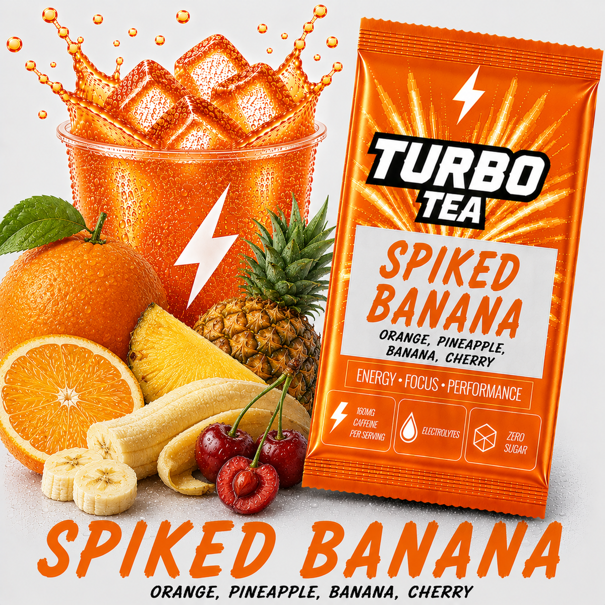 Spiked Banana-Orange, Pineapple. Banana, Cherry